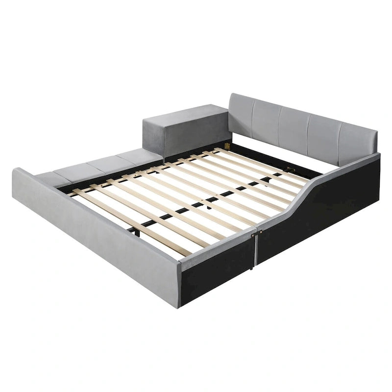 Letto a Piattaforma in Velluto Rosa / Beige / Grigio con Scrivania e Sgabello – Matrimoniale Francese / Matrimoniale, 2 Posti