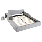 Letto a Piattaforma in Velluto Rosa / Beige / Grigio con Scrivania e Sgabello – Matrimoniale Francese / Matrimoniale, 2 Posti