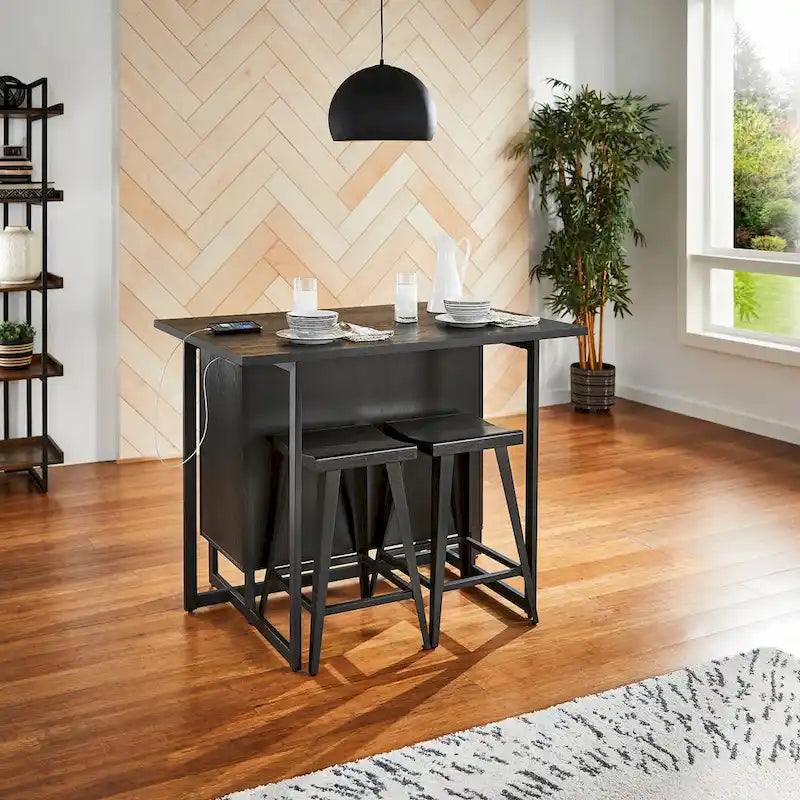 Isola da Cucina Nera a 2 Ante con Prese Elettriche e 2 Sgabelli, 4 Posti a Sedere
