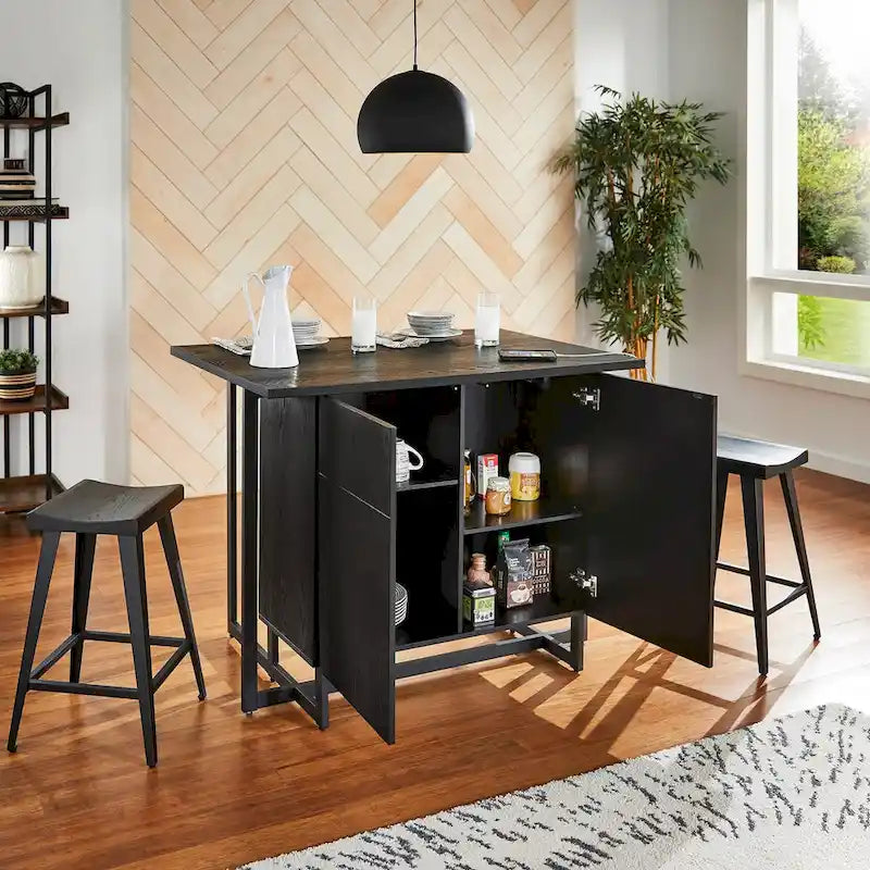 Isola da Cucina Nera a 2 Ante con Prese Elettriche e 2 Sgabelli, 4 Posti a Sedere