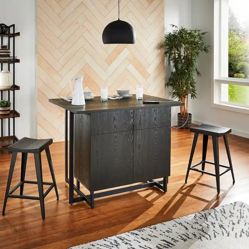 Isola da Cucina Nera a 2 Ante con Prese Elettriche e 2 Sgabelli, 4 Posti a Sedere
