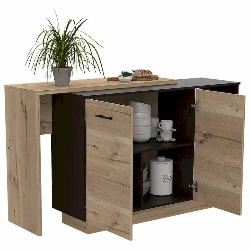 Îlot de cuisine contemporain noir et chêne clair avec table-bar - 20 X 40 X 20