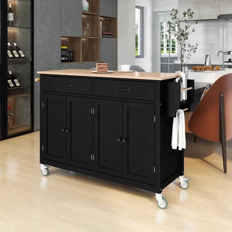 Carrello da Cucina/Isola Nero/Bianco/Verde – Piano in Legno Massiccio, 2 Cassetti, 1 Utente
