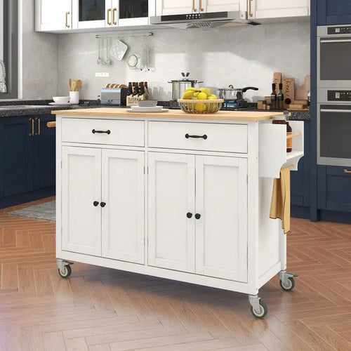 Solid Wood Top Kitchen Island Cart with Locking Wheels,2 Drawers,Towel Rack