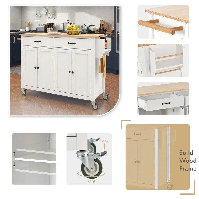 Carrello da Cucina/Isola Nero/Bianco/Verde – Piano in Legno Massiccio, 2 Cassetti, 1 Utente