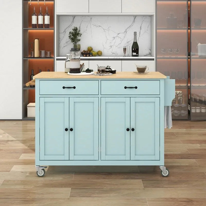 Carrello da Cucina/Isola Nero/Bianco/Verde – Piano in Legno Massiccio, 2 Cassetti, 1 Utente