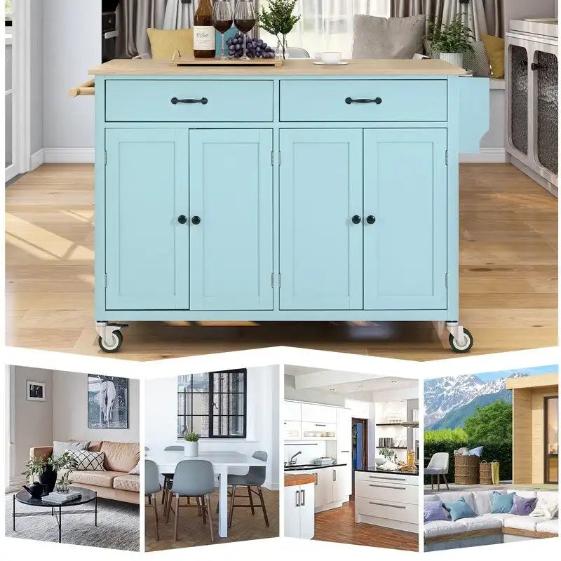Carrello da Cucina/Isola Nero/Bianco/Verde – Piano in Legno Massiccio, 2 Cassetti, 1 Utente