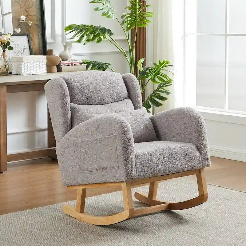 Poltrona a dondolo con schienale alto e tasche laterali, monoposto – Grigio / Nero / Rosa / Verde / Avorio