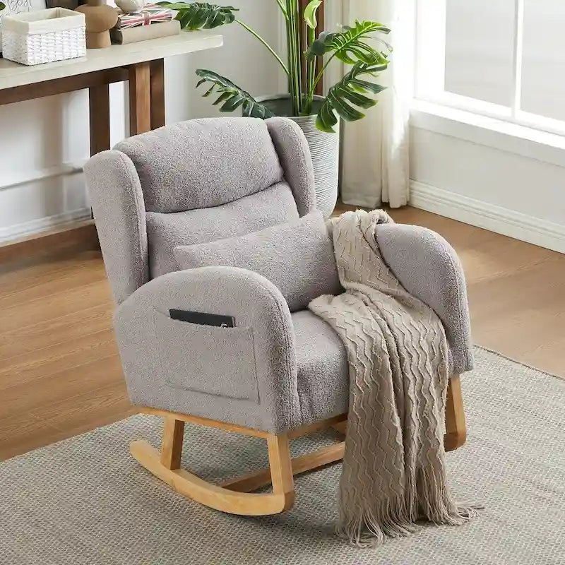 Poltrona a dondolo con schienale alto e tasche laterali, monoposto – Grigio / Nero / Rosa / Verde / Avorio