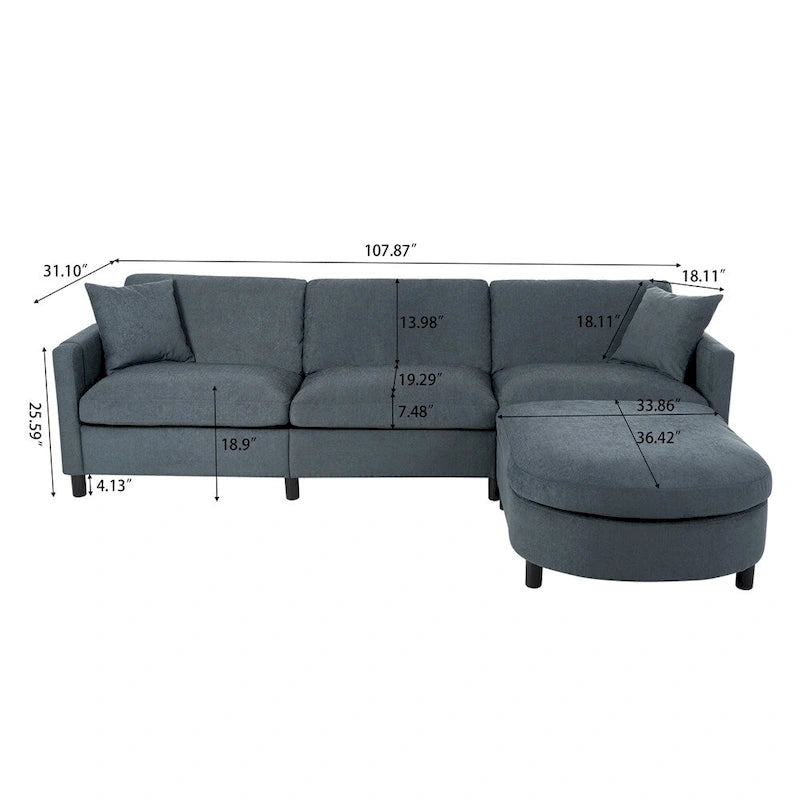 Divano sezionale in tessuto beige/grigio scuro con pouf, 3 posti