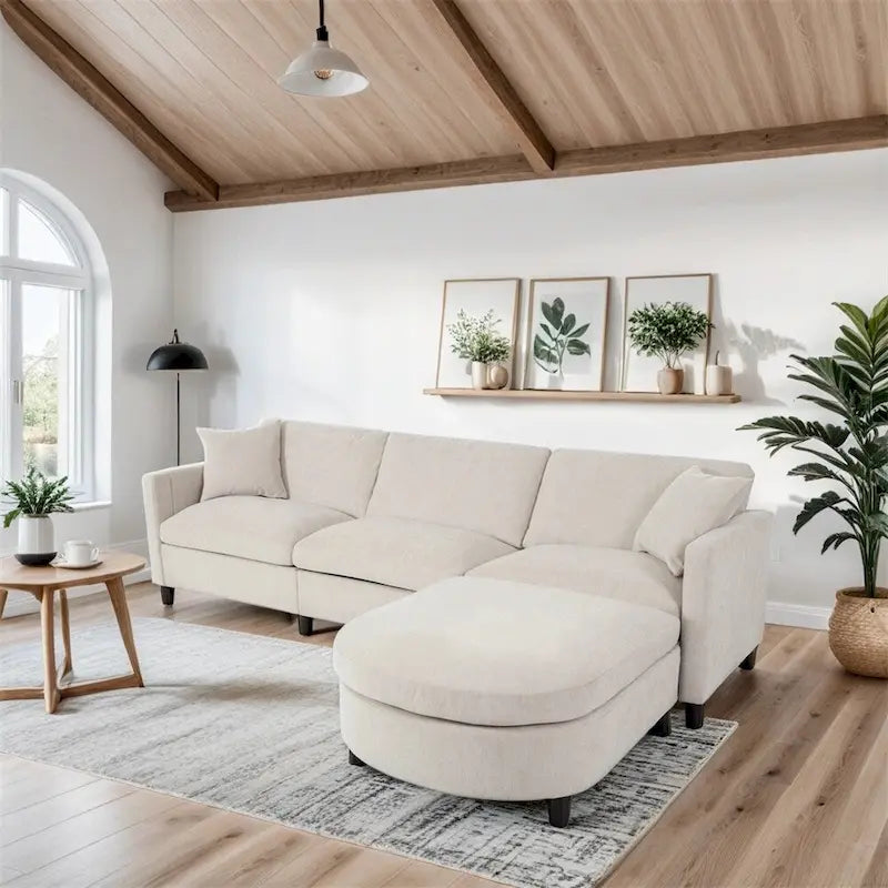 Divano sezionale in tessuto beige/grigio scuro con pouf, 3 posti