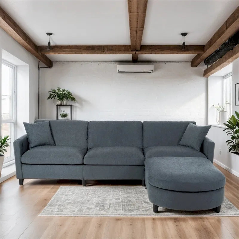 Divano sezionale in tessuto beige/grigio scuro con pouf, 3 posti