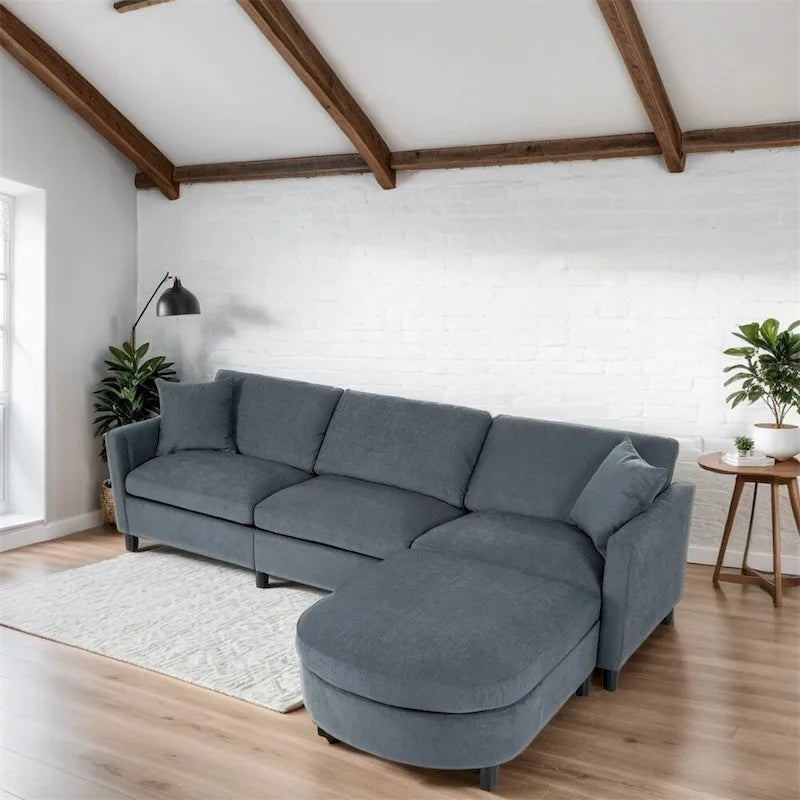 Divano sezionale in tessuto beige/grigio scuro con pouf, 3 posti
