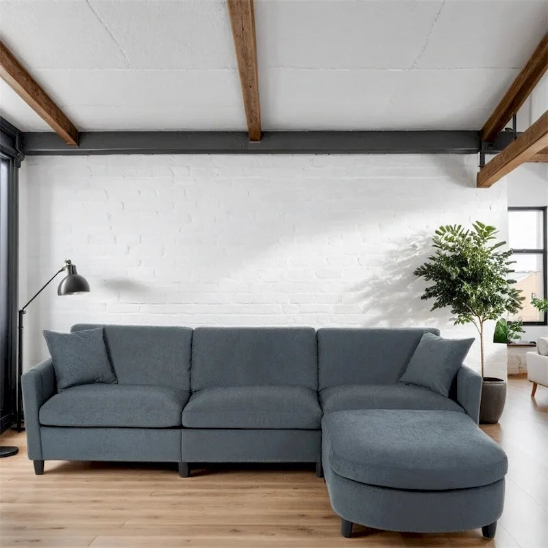 Divano sezionale in tessuto beige/grigio scuro con pouf, 3 posti