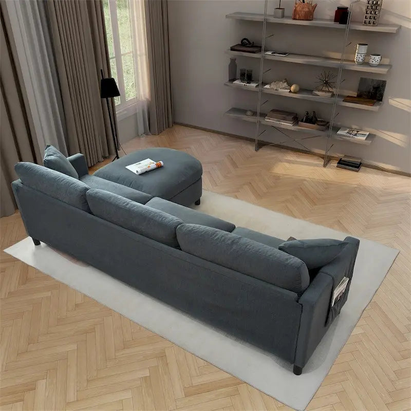 Divano sezionale in tessuto beige/grigio scuro con pouf, 3 posti