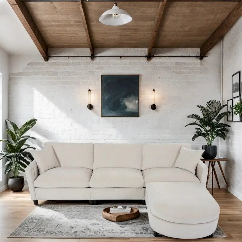 Divano sezionale in tessuto beige/grigio scuro con pouf, 3 posti