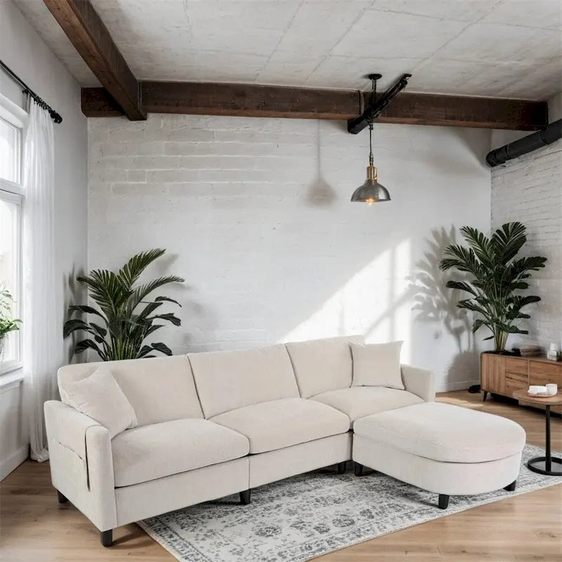 Divano sezionale in tessuto beige/grigio scuro con pouf, 3 posti