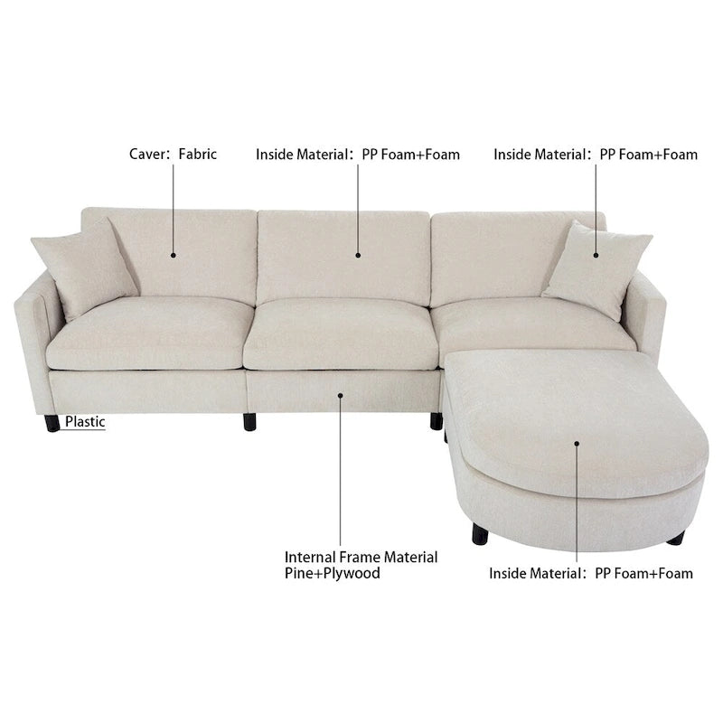 Divano sezionale in tessuto beige/grigio scuro con pouf, 3 posti