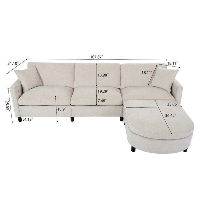 Divano sezionale in tessuto beige/grigio scuro con pouf, 3 posti