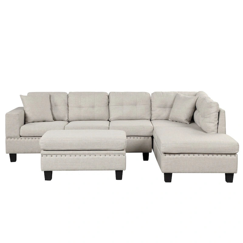 Divano componibile a L grigio chiaro/grigio con pouf contenitore e chaise longue reversibile, 2 posti