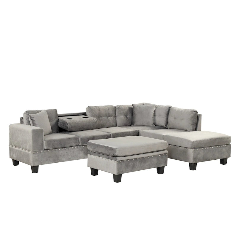 Divano componibile a L grigio chiaro/grigio con pouf contenitore e chaise longue reversibile, 2 posti
