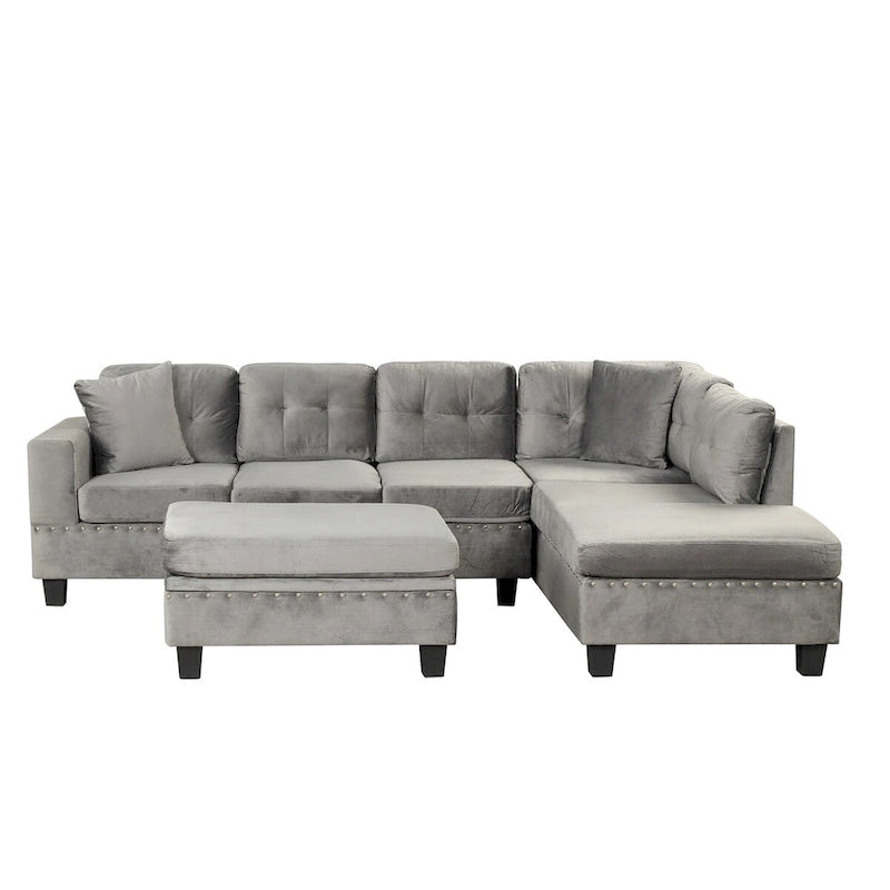 Divano componibile a L grigio chiaro/grigio con pouf contenitore e chaise longue reversibile, 2 posti