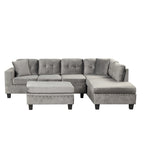 Divano componibile a L grigio chiaro/grigio con pouf contenitore e chaise longue reversibile, 2 posti