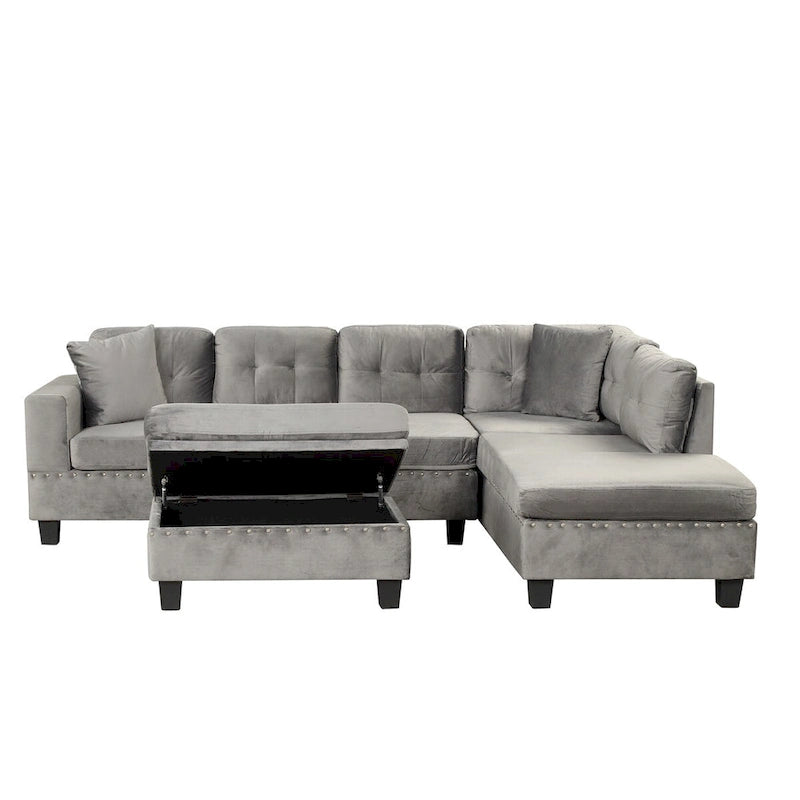 Divano componibile a L grigio chiaro/grigio con pouf contenitore e chaise longue reversibile, 2 posti
