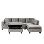 Divano componibile a L grigio chiaro/grigio con pouf contenitore e chaise longue reversibile, 2 posti