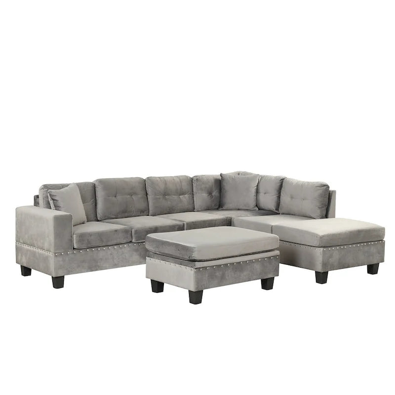 Divano componibile a L grigio chiaro/grigio con pouf contenitore e chaise longue reversibile, 2 posti