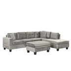 Divano componibile a L grigio chiaro/grigio con pouf contenitore e chaise longue reversibile, 2 posti
