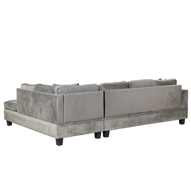 Divano componibile a L grigio chiaro/grigio con pouf contenitore e chaise longue reversibile, 2 posti