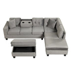 Divano componibile a L grigio chiaro/grigio con pouf contenitore e chaise longue reversibile, 2 posti