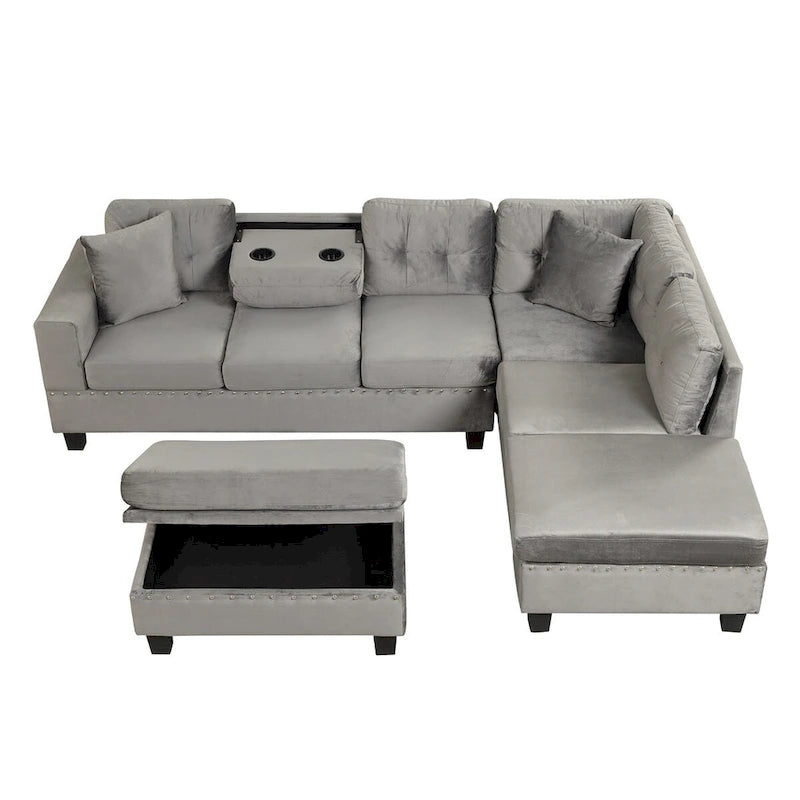 Divano componibile a L grigio chiaro/grigio con pouf contenitore e chaise longue reversibile, 2 posti