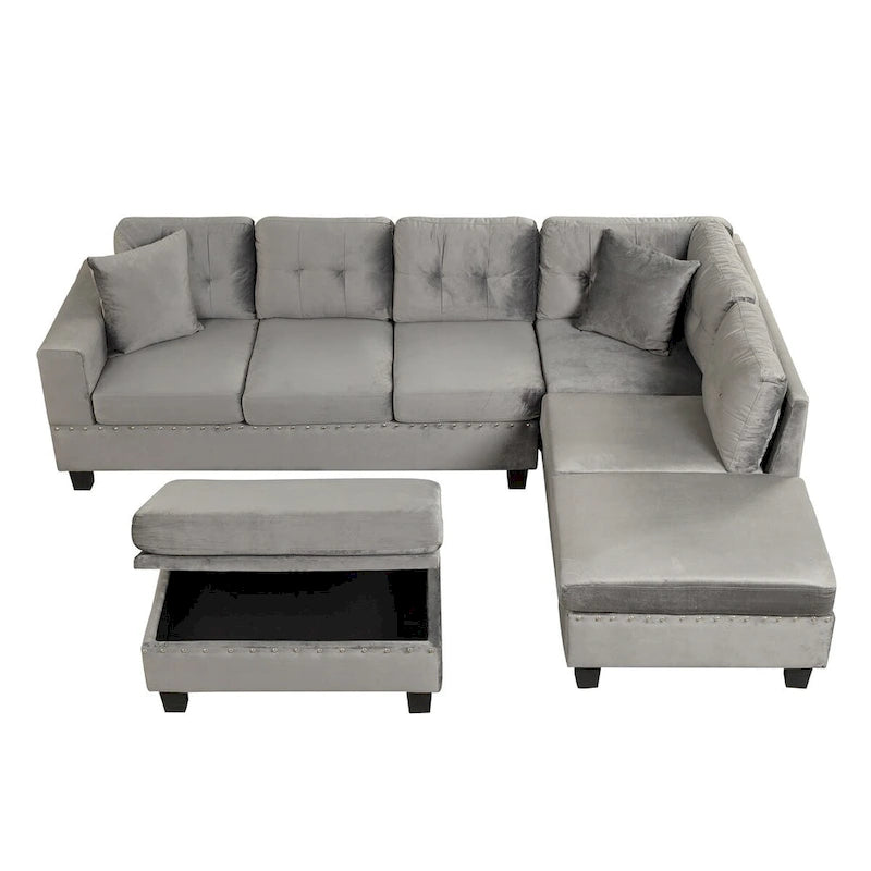 Divano componibile a L grigio chiaro/grigio con pouf contenitore e chaise longue reversibile, 2 posti