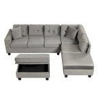 Divano componibile a L grigio chiaro/grigio con pouf contenitore e chaise longue reversibile, 2 posti