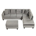 Divano componibile a L grigio chiaro/grigio con pouf contenitore e chaise longue reversibile, 2 posti