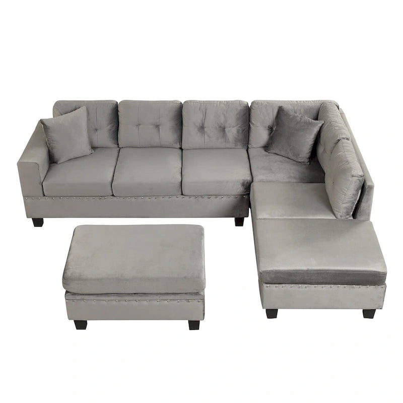 Divano componibile a L grigio chiaro/grigio con pouf contenitore e chaise longue reversibile, 2 posti