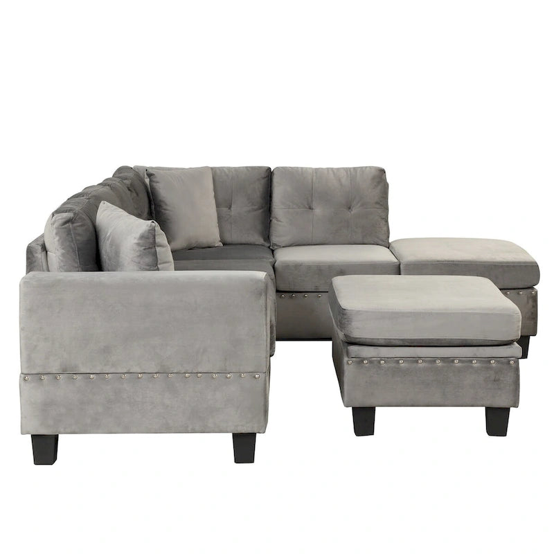 Divano componibile a L grigio chiaro/grigio con pouf contenitore e chaise longue reversibile, 2 posti