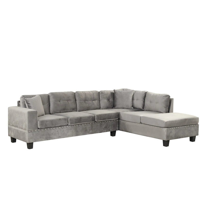 Divano componibile a L grigio chiaro/grigio con pouf contenitore e chaise longue reversibile, 2 posti