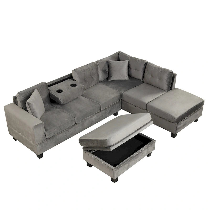 Divano componibile a L grigio chiaro/grigio con pouf contenitore e chaise longue reversibile, 2 posti