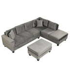 Divano componibile a L grigio chiaro/grigio con pouf contenitore e chaise longue reversibile, 2 posti