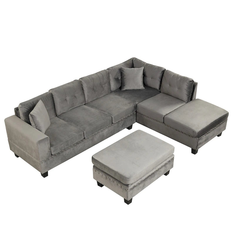 Divano componibile a L grigio chiaro/grigio con pouf contenitore e chaise longue reversibile, 2 posti