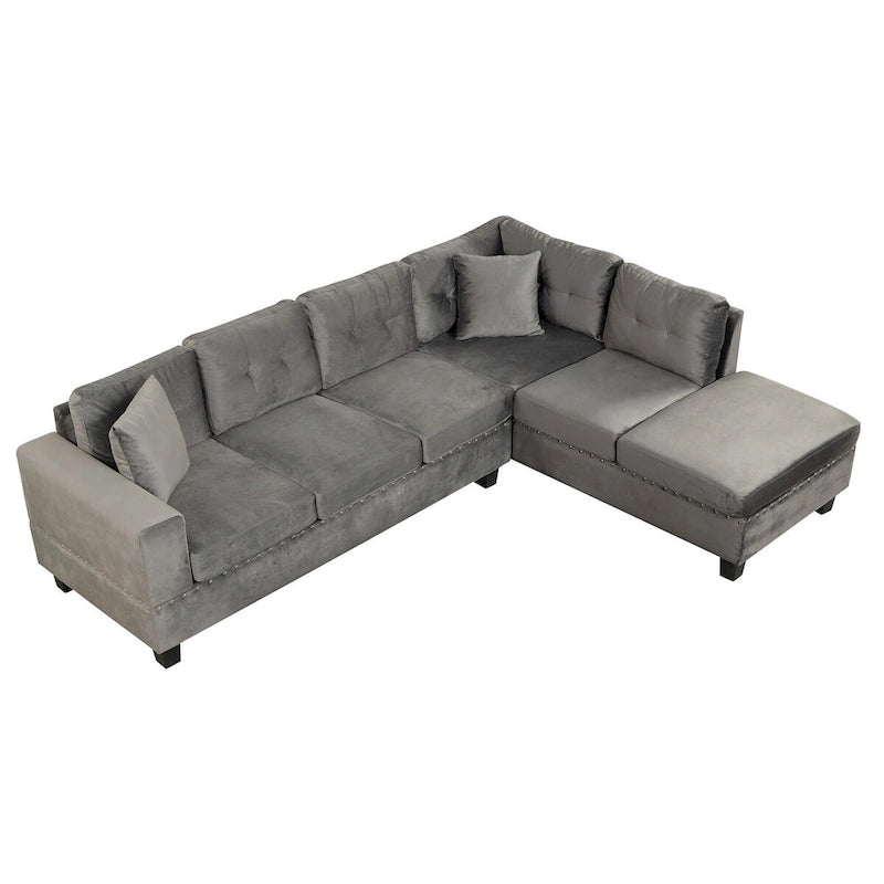 Divano componibile a L grigio chiaro/grigio con pouf contenitore e chaise longue reversibile, 2 posti