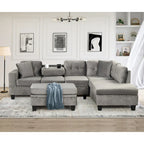 Divano componibile a L grigio chiaro/grigio con pouf contenitore e chaise longue reversibile, 2 posti