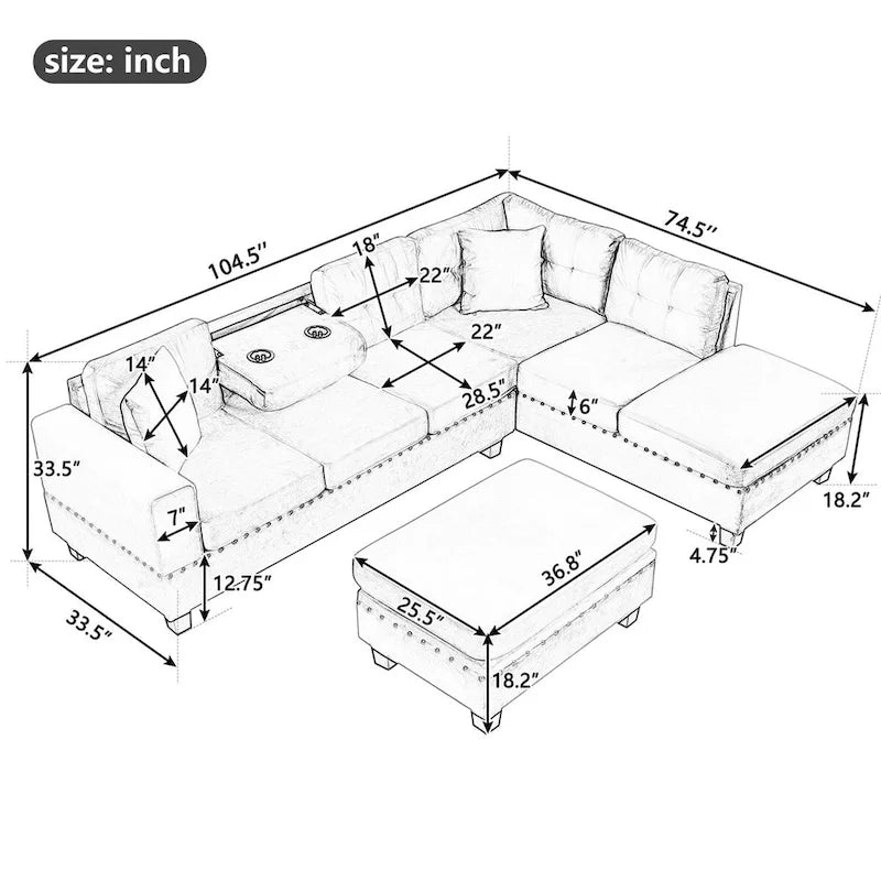 Divano componibile a L grigio chiaro/grigio con pouf contenitore e chaise longue reversibile, 2 posti