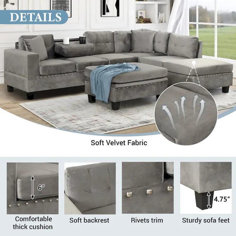 Divano componibile a L grigio chiaro/grigio con pouf contenitore e chaise longue reversibile, 2 posti