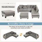 Divano componibile a L grigio chiaro/grigio con pouf contenitore e chaise longue reversibile, 2 posti