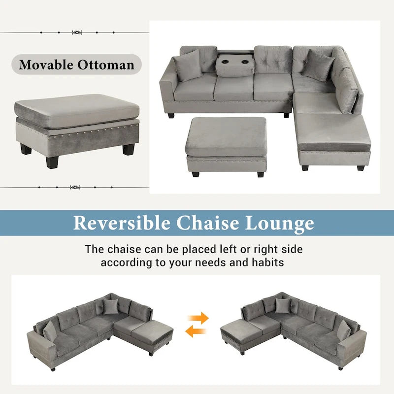Divano componibile a L grigio chiaro/grigio con pouf contenitore e chaise longue reversibile, 2 posti