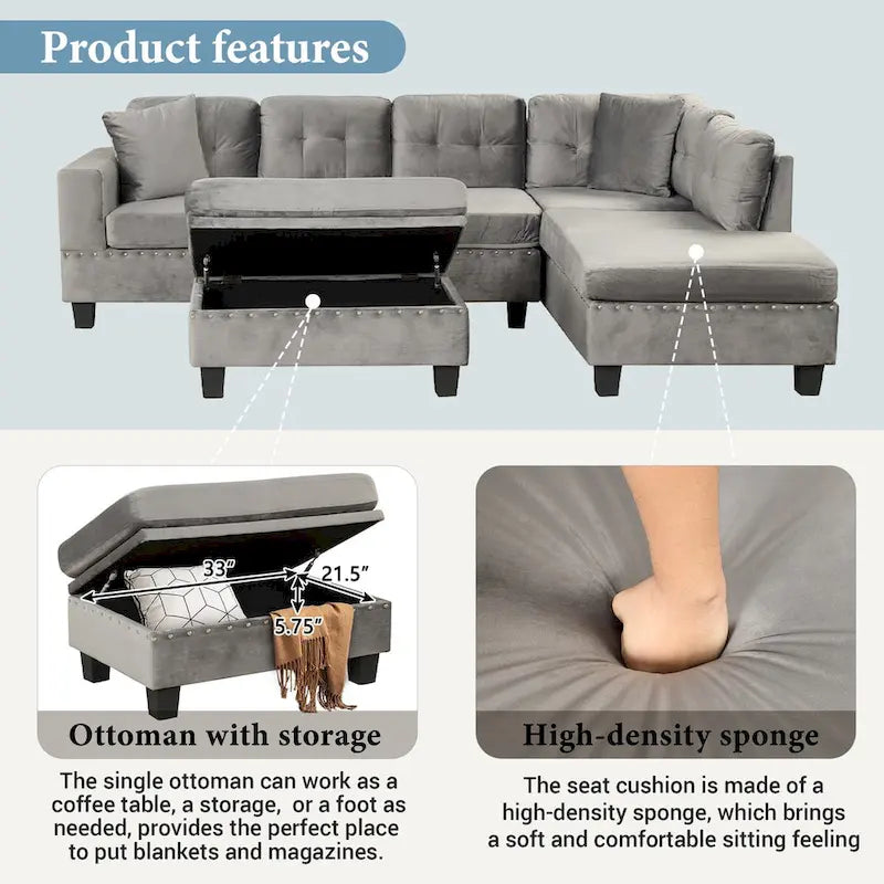 Divano componibile a L grigio chiaro/grigio con pouf contenitore e chaise longue reversibile, 2 posti